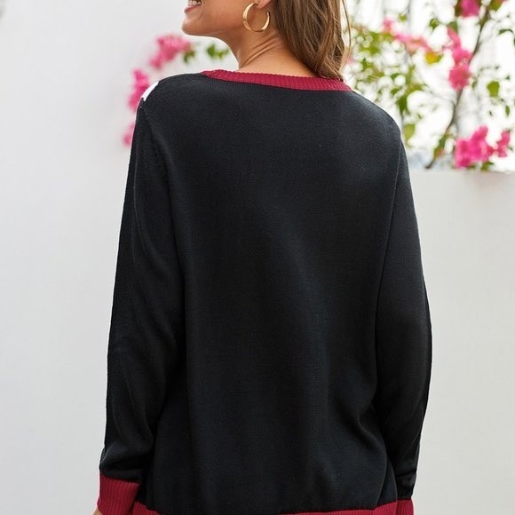 Black Reindeer Santa Clause Cartoon Print Ugly Christmas Sweater - Picture 7 of 8